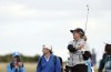 Ashleigh Buhai of South Africa plays her tee shot from the 13th during the third round of the Women's British Open golf championship, in Muirfield, Scotland Saturday, Aug. 6, 2022. (AP Photo/Scott Heppell)