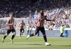 Brentford's Josh Dasilva, right, celebrates scoring his side's second goal of the game to make the score 2-2 during the English Premier League soccer match between Leicester City and Brentford at the King Power Stadium, Leicester, England, Sunday, Aug, 7, 2022. (Richard Sellers/PA via AP)