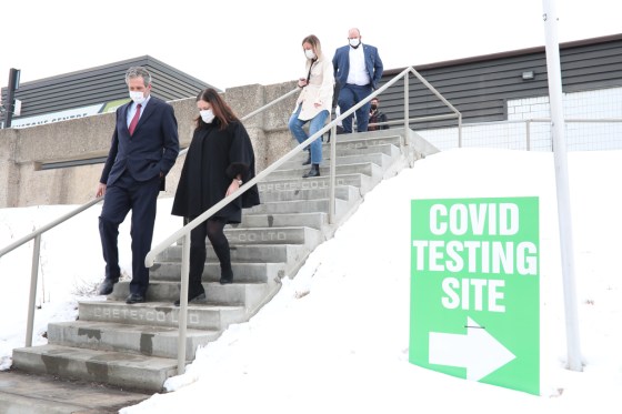 Premier Brian Pallister and provincial Health Minister Heather Stefanson leave the Keystone Centre after a tour of the COVID-19 immunization site on Wednesday. (Tim Smith / Brandon Sun files)