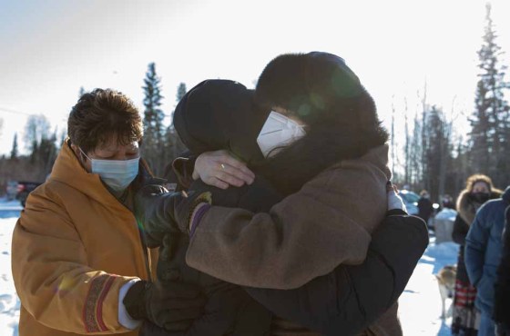 Premier Heather Stefanson (right) hugs a relative of the North family. (Jessica Lee / Winnipeg Free Press)