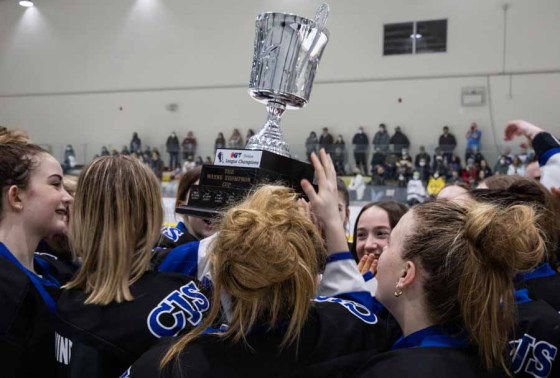 Jessica Lee / Winnipeg Free PressCollège Jeanne-Sauvé players lift the trophy after beating J.H. Bruns. (Jessica Lee / Winnipeg Free Press)