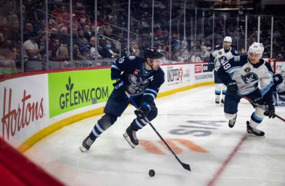 Jessica LeeManitoba Moose forward David Gustafsson with the puck in Game 3 on Wednesday night. (Jessica Lee / Winnipeg Free Press)