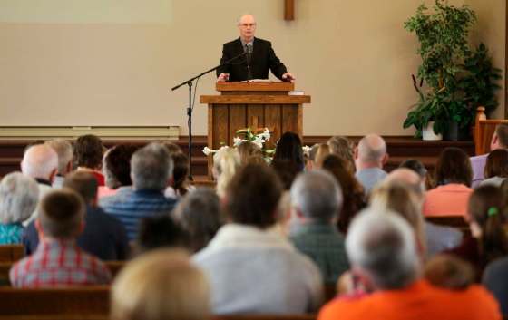 TREVOR HAGAN / WINNIPEG FREE PRESS Henry Peters, an elder at the Evangelical Fellowship in Austin, Man., participates in Easter service Sunday.