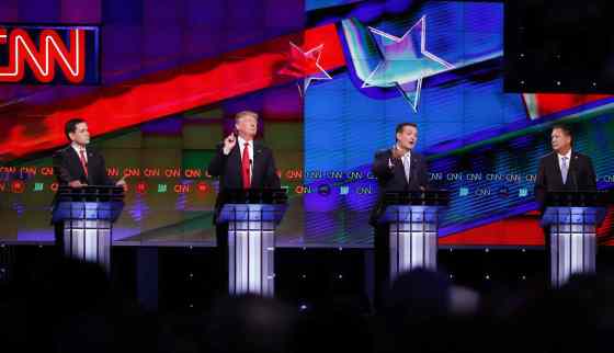 WILFREDO LEE / The ASSOCIATED PRESSRepublican presidential candidate, Sen. Ted Cruz, R-Texas, speaks, as Republican presidential candidates, Sen. Marco Rubio, R-Fla., left, and businessman Donald Trump attempt to interrupt, during the Republican presidential debate on Thursday.