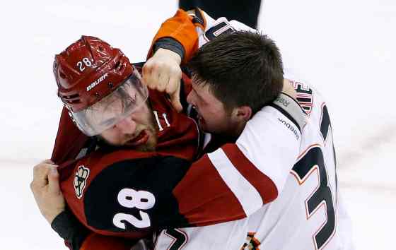 ROSS D. FRANKLIN / THE ASSOCIATED PRESS FILESIn this March 3, 2016, file photo, Anaheim Ducks' Nick Ritchie, right, fights with Arizona Coyotes' Jarred Tinordi (28) during the third period of an NHL hockey game in Glendale, Ariz. Tinordi has been suspended for 20 games without pay for violating terms of the NHL's performance-enhancing substances program.