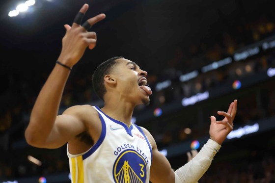 Golden State Warriors guard Jordan Poole celebrates after scoring against the Boston Celtics during the second half of Game 5 of basketball's NBA Finals in San Francisco, Monday. (Jed Jacobsohn / The Associated Press)