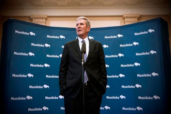 Manitoba premier Brian Pallister speaks to media after the tabling of his party's provincial budget was filibustered by the opposition NDP at the Manitoba Legislature in Winnipeg, Wednesday, March 11, 2020. The Manitoba government is to try again today to introduce its budget after the Opposition blocked it from being tabled. (John Woods / The Canadian Press)