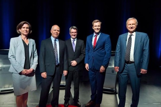Marc Grandmaison / THE CANADIAN PRESS FilesNew Brunswick NDP Leader Jennifer McKenzie, left to right, Green Party Leader David Coon, People's Alliance Leader Kris Austin, Liberal Leader Brian Gallant and PC Leader Blain Higgs.