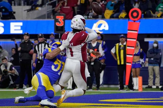 Arizona Cardinals quarterback Kyler Murray throws a pass that was intercepted and returned for a touchdown. (Mark J. Terrill / The Associated Press)