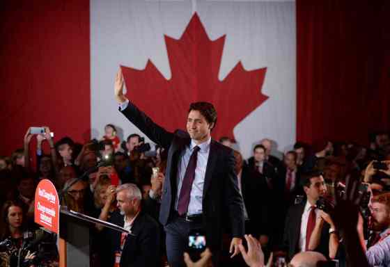 Sean Kilpatrick / THE CANADIAN PRESSLiberal leader and incoming prime minister Justin Trudeau is seen on stage at Liberal party headquarters in Montreal early Tuesday.