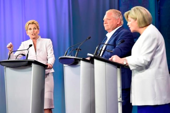 Frank Gunn / THE CANADIAN PRESSOntario Liberal Leader Kathleen Wynne, left to right, Ontario Progressive Conservative Leader Doug Ford and Ontario NDP Leader Andrea Horwath during the  final televised debate of the provincial election.