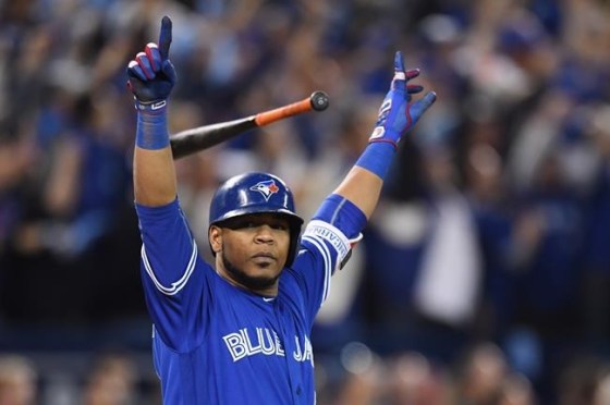 FRANK GUNN / THE CANADIAN PRESSToronto Blue Jays' Edwin Encarnacion celebrates after hitting a walk-off three-run home run during 11th inning American League wild-card game action against the Baltimore Orioles in Toronto on Tuesday.