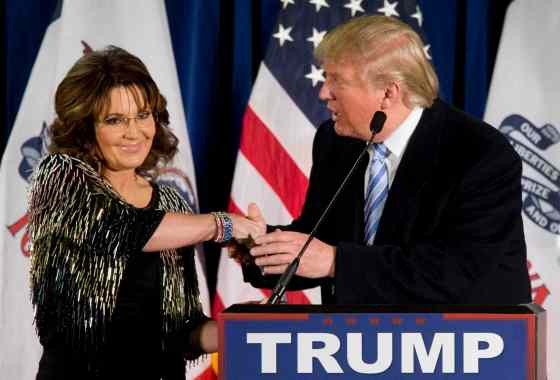 Mary Altaffer / The Associated PressFormer Alaska Gov. Sarah Palin, left, endorses Republican presidential candidate Donald Trump during a rally at the Iowa State University, Tuesday.