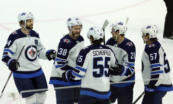 Mark Scheifele celebrates his third of three power-play goals against the Ottawa Senators Thursday. (Fred Chartrand / The Canadian Press)