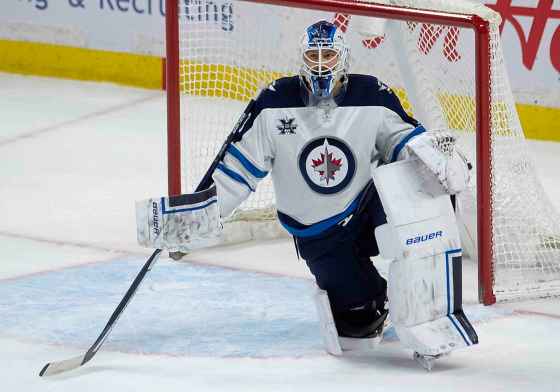 CPJets goalie Laurent Brossoit after allowing the game-winning goal. (Adrian Wyld / The Canadian Press)