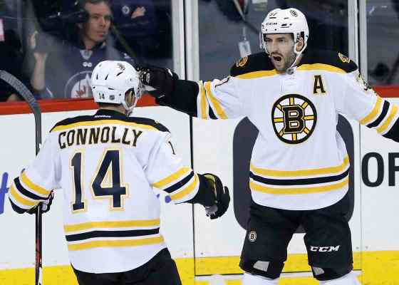 JOHN WOODS / THE CANADIAN PRESSBoston Bruins' Brett Connolly (14) and Patrice Bergeron (37) celebrate Bergeron's goal against the Winnipeg Jets  in Winnipeg on Thursday.