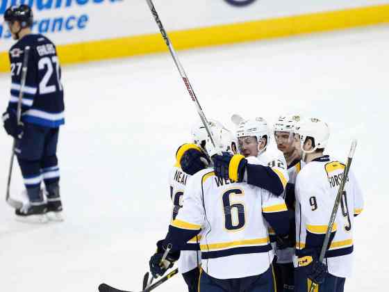 John Woods / THE CANADIAN PRESSNashville Predators' James Neal (18), Shea Weber (6), Ryan Johansen (92), Mike Ribeiro (63) and Filip Forsberg (9) celebrate Neal's goal as Winnipeg Jets' Nikolaj Ehlers (27) skates off during third period NHL action in Winnipeg on Thursday.