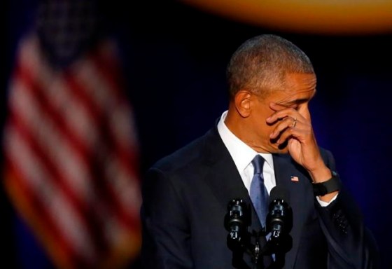 CHARLES REX ARBOGAST / THE ASSOCIATED PRESSU.S. President Barack Obama wipes his tears as he speaks in Chicago on Tuesday, giving his presidential farewell address.