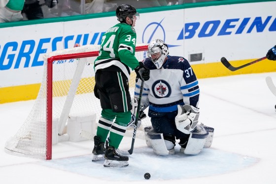 CPDallas Stars winger Denis Gurianov after scoring on Jets goalie Connor Hellebuyck in the third period. (Tony Gutierrez / The Associated Press)
