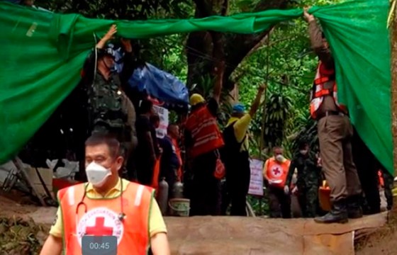 In this grab taken from video provide by Chiang Rai Public Relations Office, emergency workers carry a stretcher with one of the rescued boys. (The Associated Press)