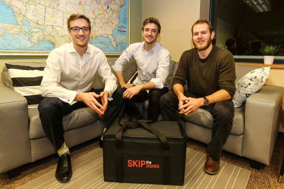 MIKE DEAL / WINNIPEG FREE PRESS FILESJoshua Simair (left), his brother Chris (centre) and Jeff Adamson, co-founders of Skip the Dishes, seen in 2015 as they moved into a new office.