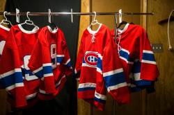The boys’ dressing room backstage, well-stocked with No. 9 jerseys of Habs legend ‘Rocket’ Richard.