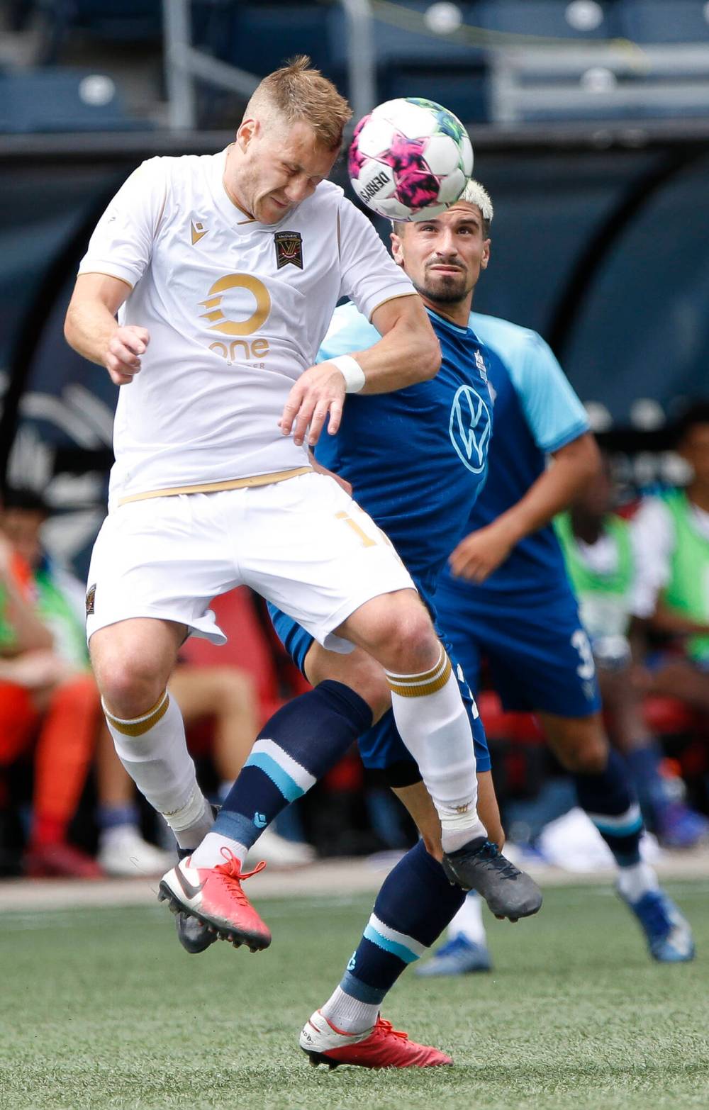 JOHN WOODS / WINNIPEG FREE PRESS
Valour FC’s Brett Levis (left) defends against HFX Wanderers FC’s Marcello Polisi.