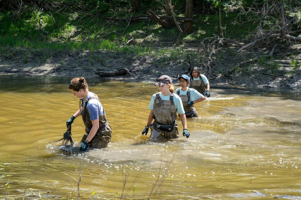 ETHAN CAIRNS / WINNIPEG FREE PRESS Barbara Farpelha, Abby Rodrigue, Brittany Guarino, and Rishtia Rajib, wade across the Seine River to get out at Happyland Park in Winnipeg, Manitoba on Wednesday, July 13, 2022.