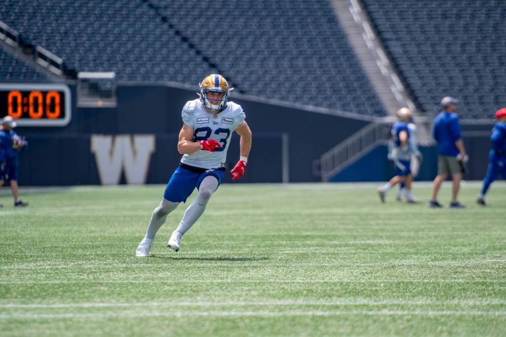 ETHAN CAIRNS / WINNIPEG FREE PRESS
Winnipeg Blue Bombers receiver Dalton Schoen caught eight passes for 117 yards and two touchdowns against the B.C. Lions, leading to him being named one of the CFL’s Top Performers in Week 5.