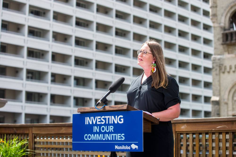 MIKAELA MACKENZIE / WINNIPEG FREE PRESS
Downtown Winnipeg BIZ president Kate Fenske speaks after the announcement of the Downtown Building Business Program in Winnipeg on Monday.