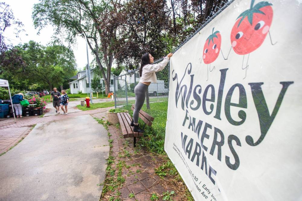 MIKAELA MACKENZIE / WINNIPEG FREE PRESS
Mica Szpigiel, the market’s co-ordinator, sets up the banner at the Wolseley Farmers Market, which is celebrating its 10th anniversary.