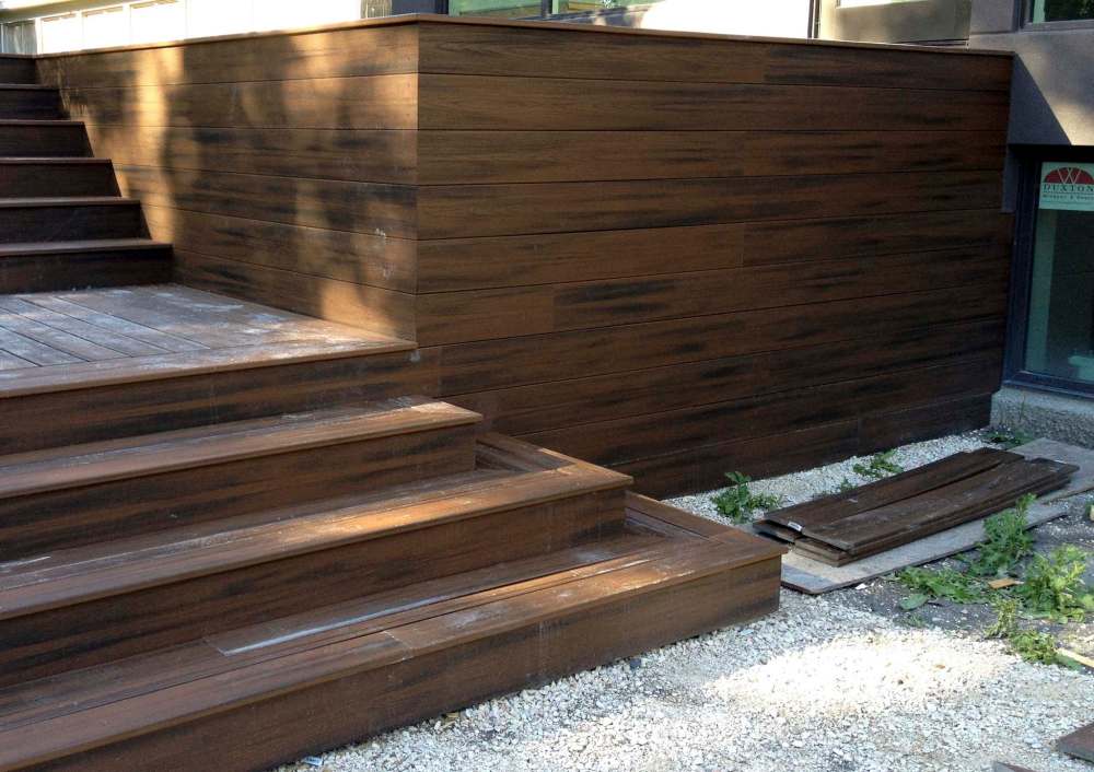 Much like horizontal lumber boards, many composite decking manufacturers offer one-by-eight fascia boards for stair risers and skirting.