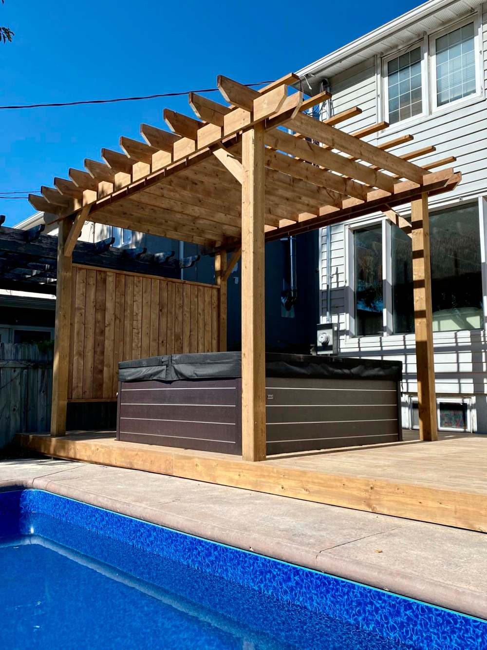 photos by Marc LaBossiere / Winnipeg Free Press
This pergola constructed with six-by-six posts, two-by-eight tandem beams and main veins, topped with two-by-four cross veins also features a privacy wall along the neighbour’s fence line.