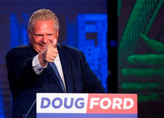 Nathan Denette / THE CANADIAN PRESSOntario PC leader Doug Ford reacts after winning the Ontario Provincial election to become the new premier in Toronto, on Thursday.