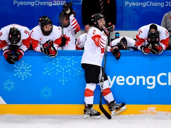 Nathan Denette / THE CANADIAN PRESSCanada forward Meghan Agosta (2) and the Canadian bench react after losing to the United States in shootout women's gold medal final.