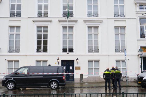 CPDutch police are seen outside Saudi Arabia's embassy in The Hague, Netherlands, Thursday, after several shot were fired at the building early in the morning. Nobody was injured and police were investigating. (MIKE CORDER / THE ASSOCIATED PRESS)
