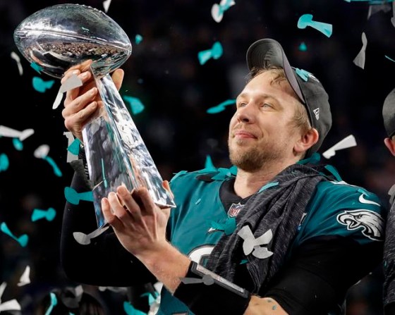 Matt Slocum / The Associated PressPhiladelphia Eagles' Nick Foles holds up the Vince Lombardi Trophy after the NFL Super Bowl 52.