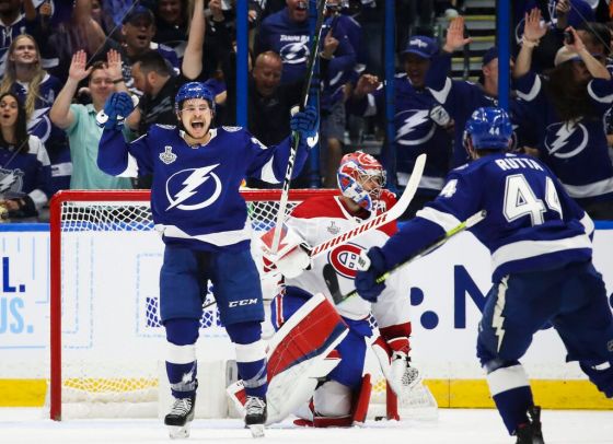 Tribune Media TNSTampa Bay Lightning centre Yanni Gourde celebrates his goal. (Dirk Shadd / Tampa Bay Times / TNS)
