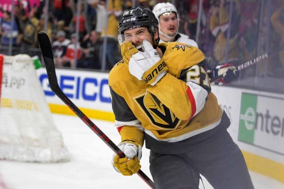 Shea Theodore of the Vegas Golden Knights after scoring in overtime against the Washington Capitals. (Sam Morris / The Associated Press)