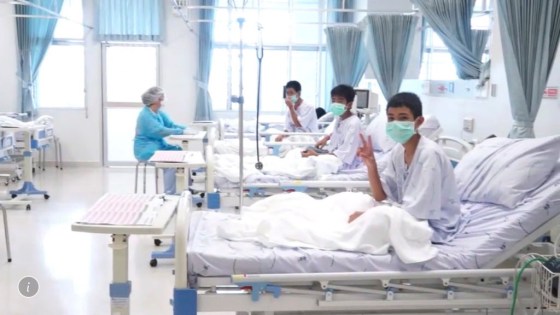 CPIn this image made from video, released by the Thailand Government Spokesman Bureau, three of the 12 boys are seen recovering in their hospital beds. (The Associated Press)