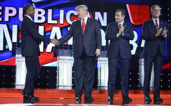 Riccardo Savi / Sipa USA / TNSFrom left: GOP presidential candidates Dr. Ben Carson, Donald Trump, Sen. Ted Cruz (R-Texas) and Jeb Bush on stage during the CNN Republican presidential debate at the Venetian in Las Vegas on Tuesday.