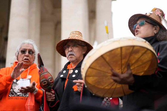 CPMembers of the Assembly of First Nations sing a traditional song outside St. Peter's Square as their delegation meets with the Pope at the Vatican today. (Andrew Medichini / The Associated Press)