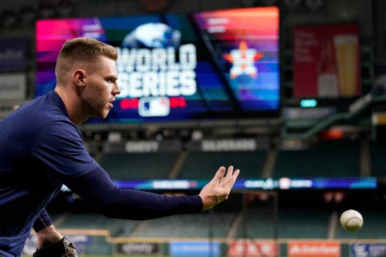 Atlanta Braves first baseman Freddie Freeman during batting practice in Houston on Monday. (David J. Phillip / The Associated Press)