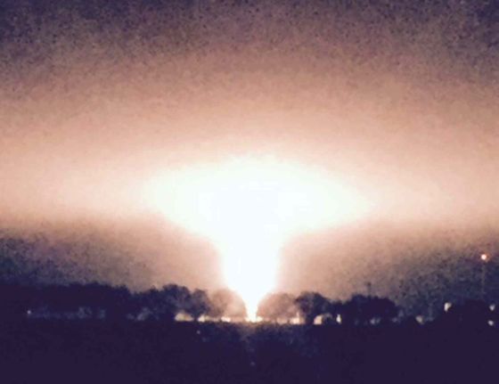 PHOTO BY JEFF FRENCHA fire at a natural gas pipeline compressor station south of the U.S. border near Emerson burns brightly on Saturday night.