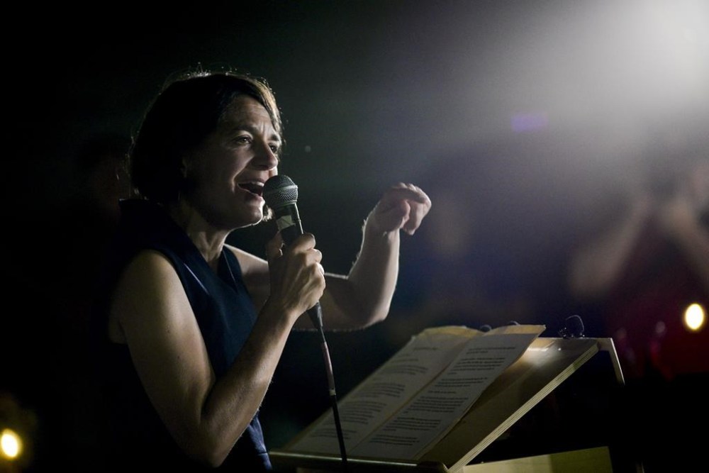 Vermont Senate President Pro Tem Becca Balint delivers a victory speech to her supporters gathered at the Harmony Lot, in Brattleboro, Vt., on Tuesday, Aug. 9, 2022, after being declared the winner in Vermont's Congressional Democratic primary. Balint will face off against a Republican challenger in the November election. (Kristopher Radder/The Brattleboro Reformer via AP)