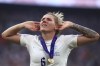 England's Millie Bright celebrates after the Women's Euro 2022 final soccer match between England and Germany at Wembley stadium in London, Sunday, July 31, 2022. (AP Photo/Leila Coker)