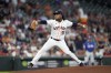Houston Astros starting pitcher Framber Valdez throws against the Texas Rangers during the first inning of a baseball game Thursday, Aug. 11, 2022, in Houston. (AP Photo/David J. Phillip)
