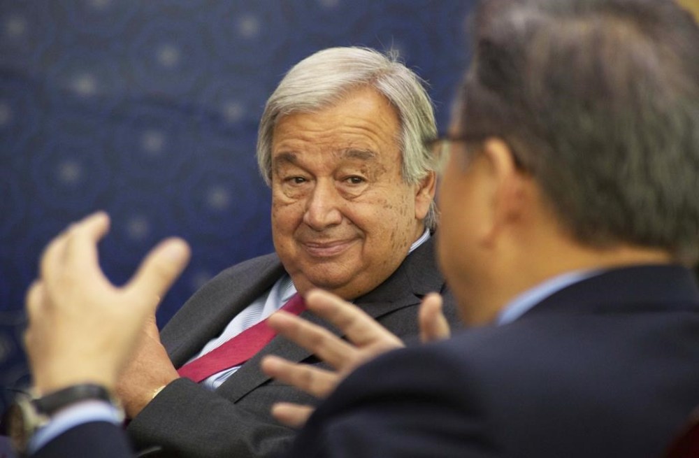 U.N. Secretary-General Antonio Guterres, left, talks with South Korean Foreign Minister Park Jin during their meeting at the Foreign Ministry in Seoul, South Korea, Friday, Aug. 12, 2022. (Jeon Heon-kyun/Pool Photo via AP)