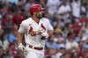 St. Louis Cardinals first baseman Paul Goldschmidt watches his two-run home run during the first inning of a baseball game against the Milwaukee Brewers Friday, Aug. 12, 2022, in St. Louis. (AP Photo/Jeff Roberson)