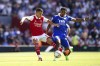 Arsenal's Granit Xhaka, left, and Leicester City's Wesley Fofana battle for the ball during their English Premier League soccer match at the Emirates Stadium, London, Saturday, Aug. 13, 2022. (Mike Egerton/PA via AP)
